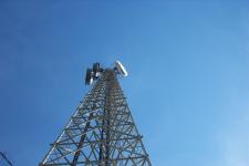 A close up view of the tower's six dishes.